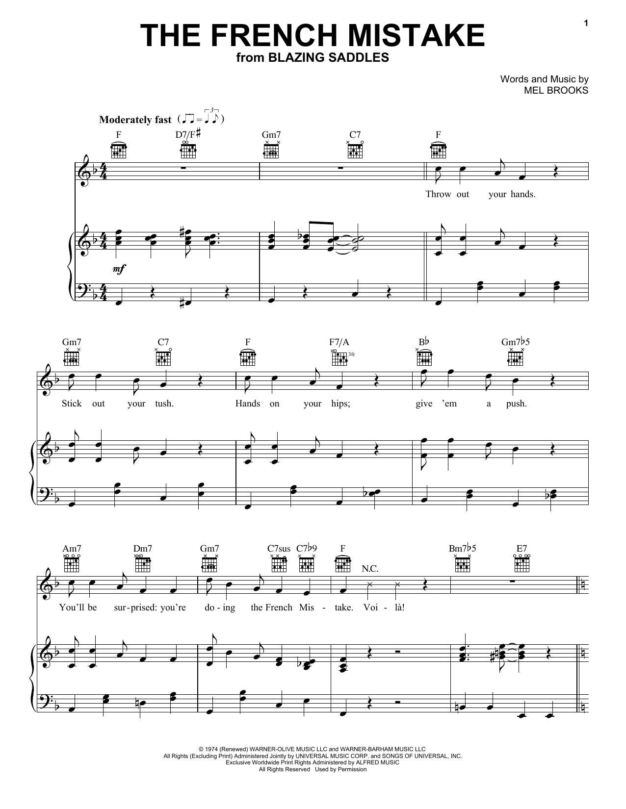 Mel Brooks The French Mistake (from Blazing Saddles) Sheet Music Notes & Chords for Piano, Vocal & Guitar Chords (Right-Hand Melody) - Download or Print PDF