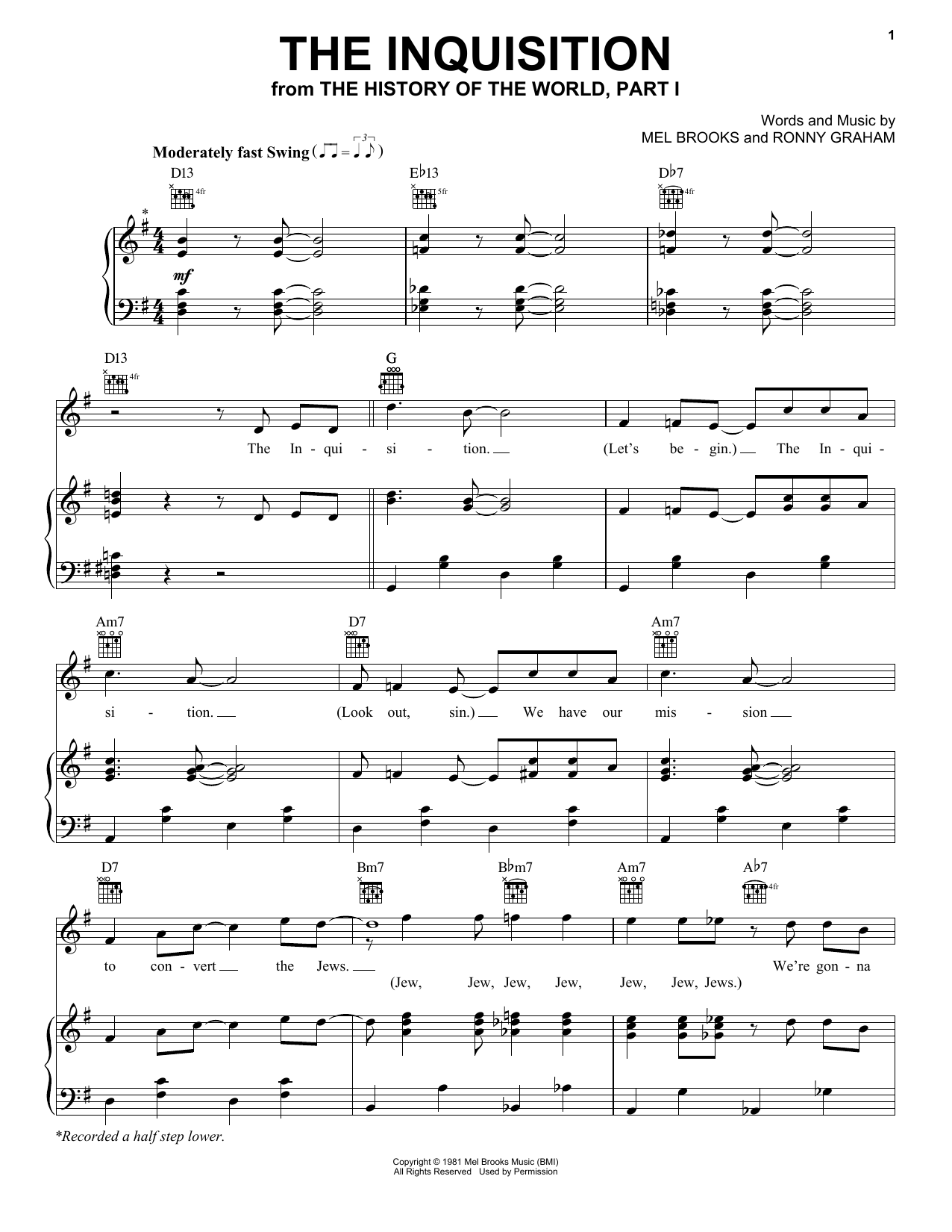 Mel Brooks The Inquisition (from The History Of The World, Part I) Sheet Music Notes & Chords for Piano, Vocal & Guitar (Right-Hand Melody) - Download or Print PDF