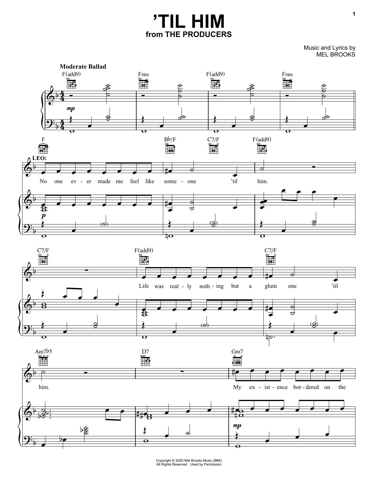 Mel Brooks 'Til Him (from The Producers) Sheet Music Notes & Chords for Piano, Vocal & Guitar (Right-Hand Melody) - Download or Print PDF Mel Brooks 'Til Him (from The Producers) Sheet Music Notes & Chords for Piano, Vocal & Guitar (Right-Hand Melody) - Download or Print PDF