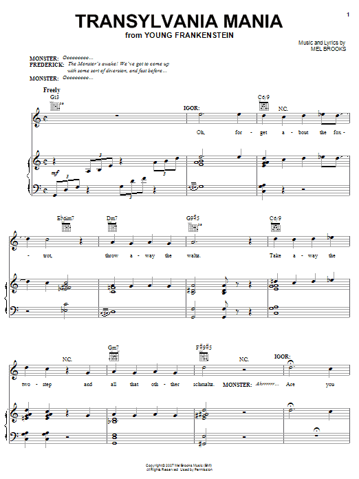 Mel Brooks Transylvania Mania Sheet Music Notes & Chords for Piano, Vocal & Guitar (Right-Hand Melody) - Download or Print PDF