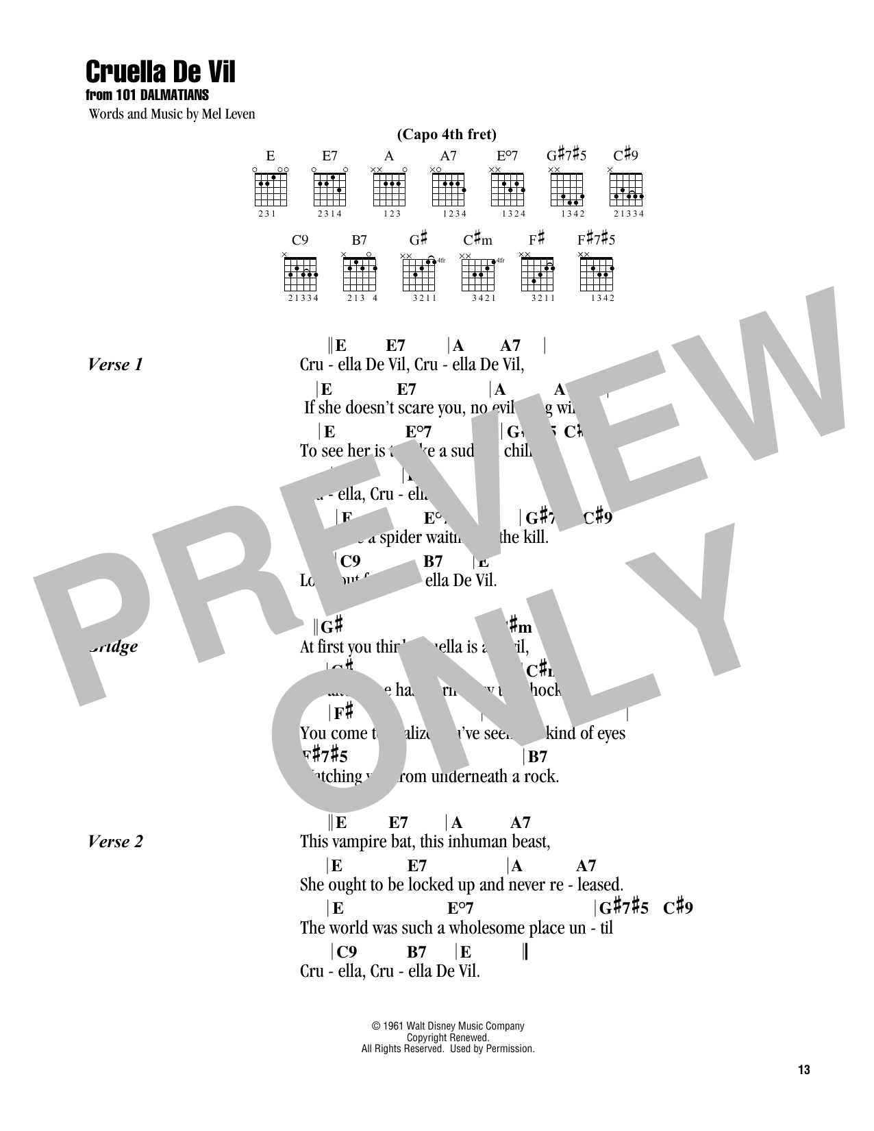 Mel Leven Cruella De Vil (from 101 Dalmatians) Sheet Music Notes & Chords for Guitar Chords/Lyrics - Download or Print PDF
