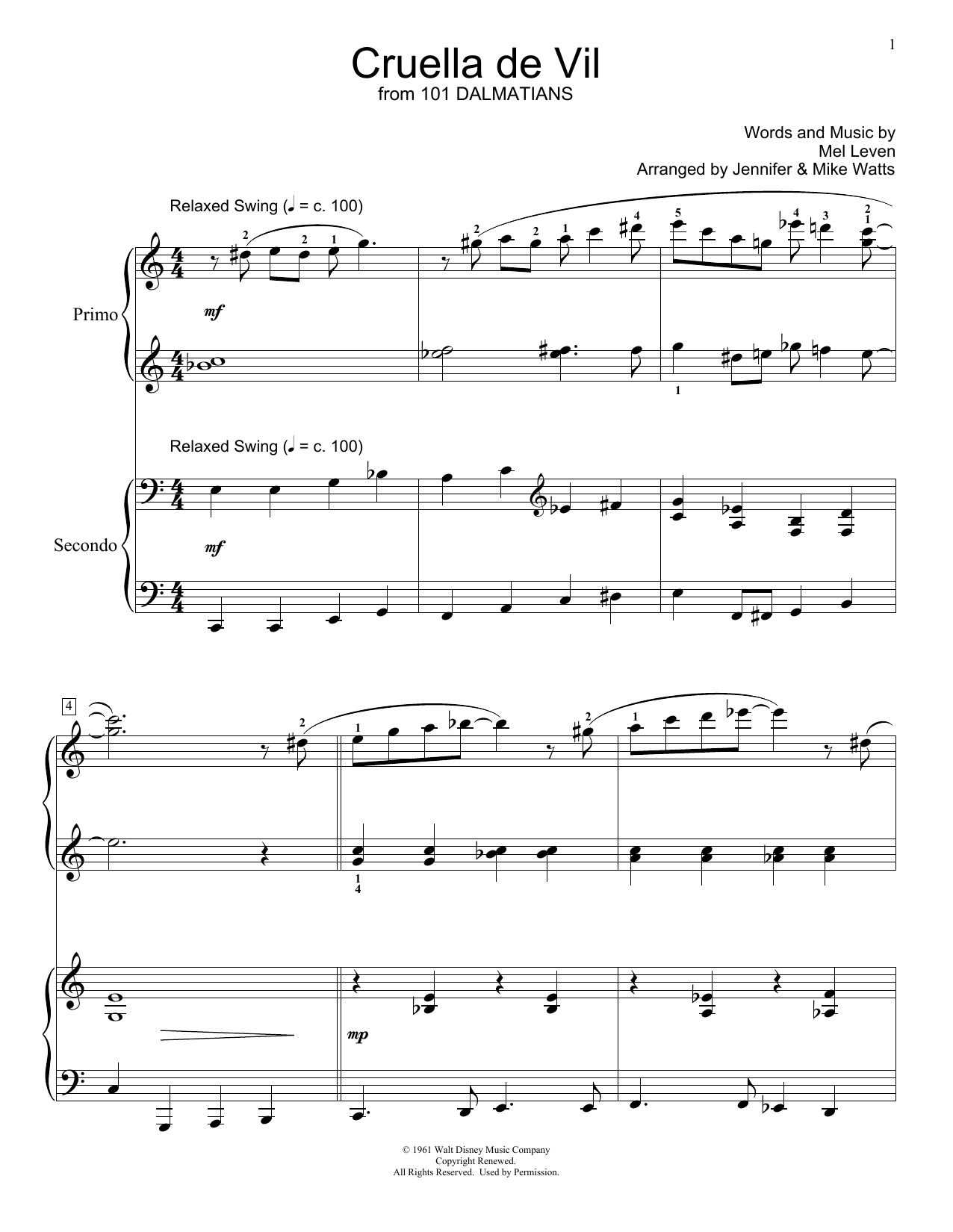 Jennifer and Mike Watts Cruella De Vil Sheet Music Notes & Chords for Piano Duet - Download or Print PDF