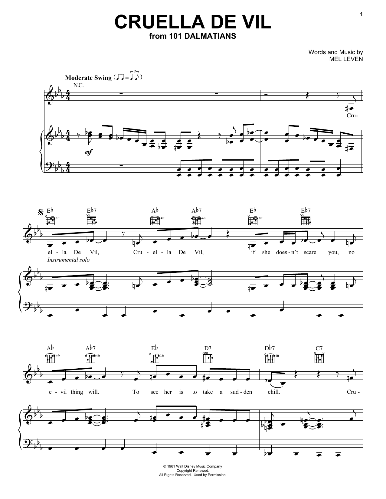 Mel Leven Cruella De Vil Sheet Music Notes & Chords for Easy Piano - Download or Print PDF