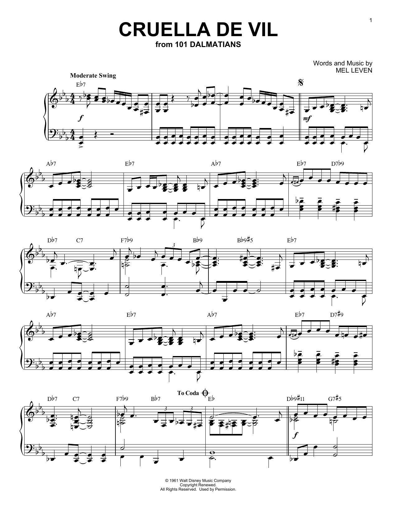 Mel Leven Cruella De Vil [Jazz version] (from 101 Dalmatians) Sheet Music Notes & Chords for Piano - Download or Print PDF
