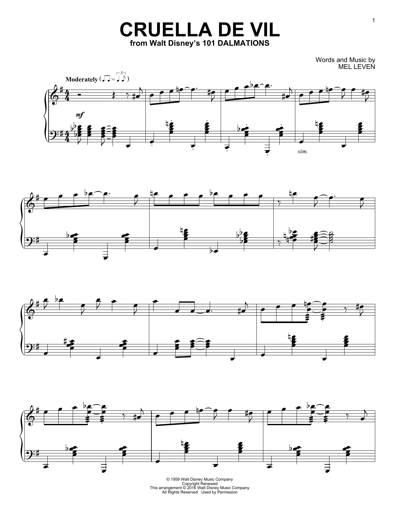 Mel Leven Cruella De Vil [Jazz version] Sheet Music Notes & Chords for Piano - Download or Print PDF