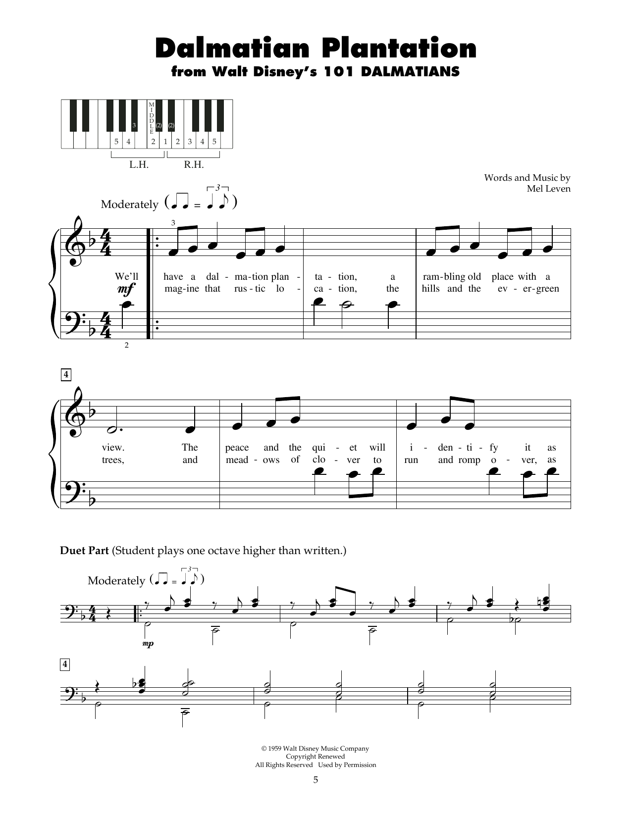 Mel Leven Dalmatian Plantation (from 101 Dalmatians) Sheet Music Notes & Chords for 5-Finger Piano - Download or Print PDF