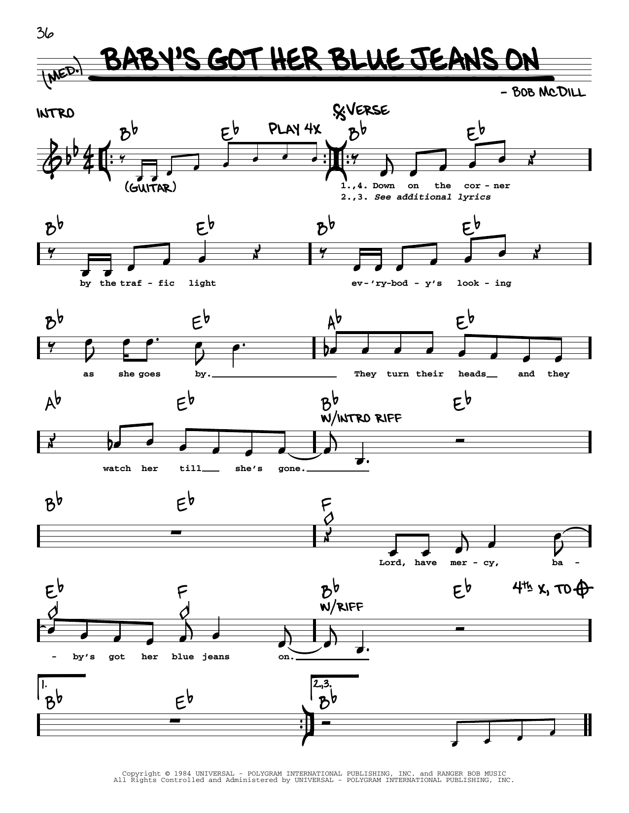 Mel McDaniel Baby's Got Her Blue Jeans On Sheet Music Notes & Chords for Real Book – Melody, Lyrics & Chords - Download or Print PDF
