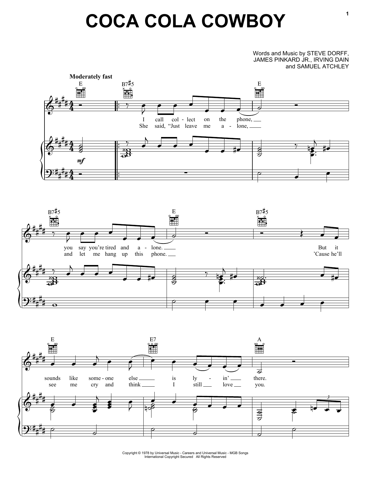 Mel Tillis Coca-Cola Cowboy Sheet Music Notes & Chords for Piano, Vocal & Guitar (Right-Hand Melody) - Download or Print PDF