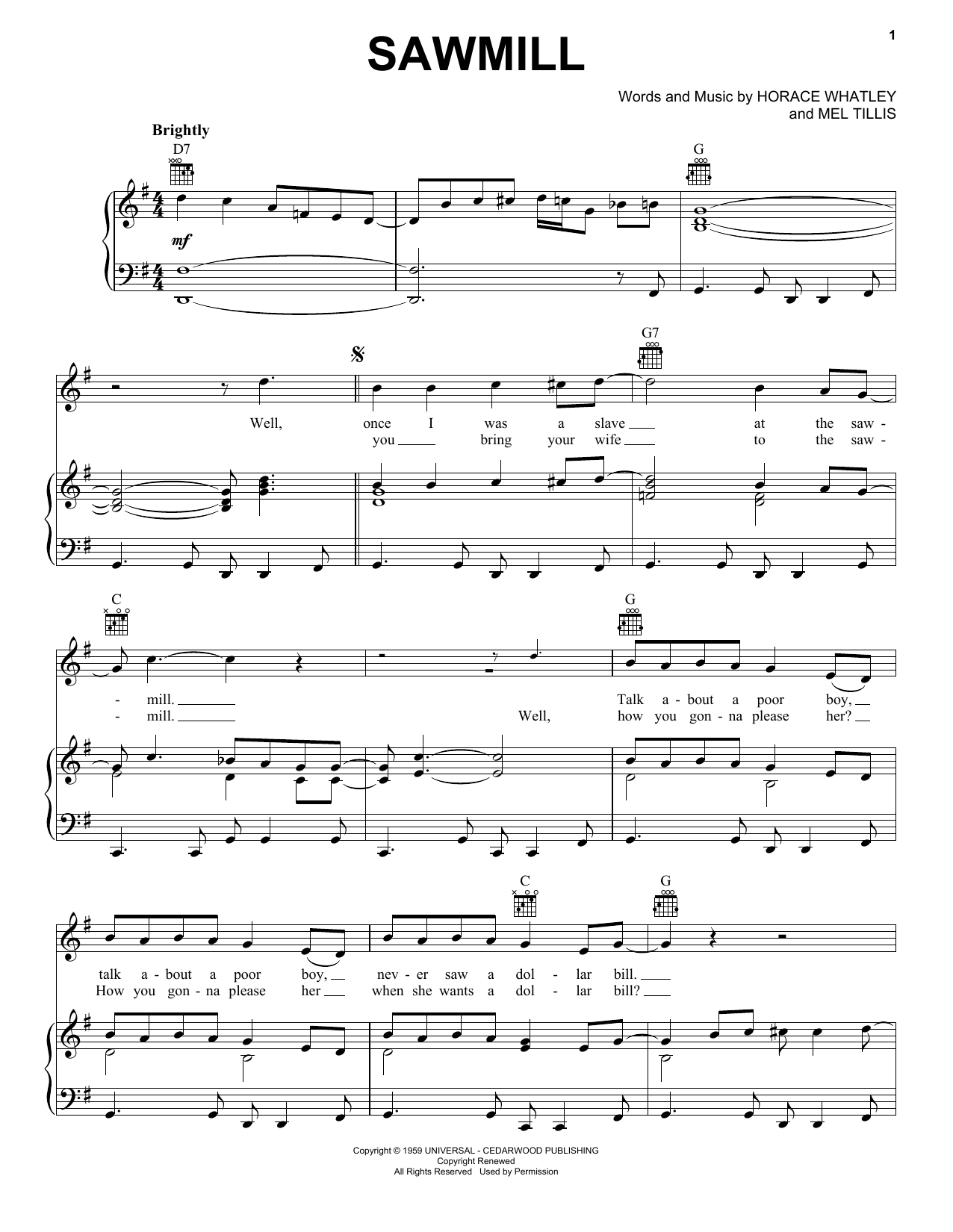 Mel Tillis Sawmill Sheet Music Notes & Chords for Piano, Vocal & Guitar Chords (Right-Hand Melody) - Download or Print PDF