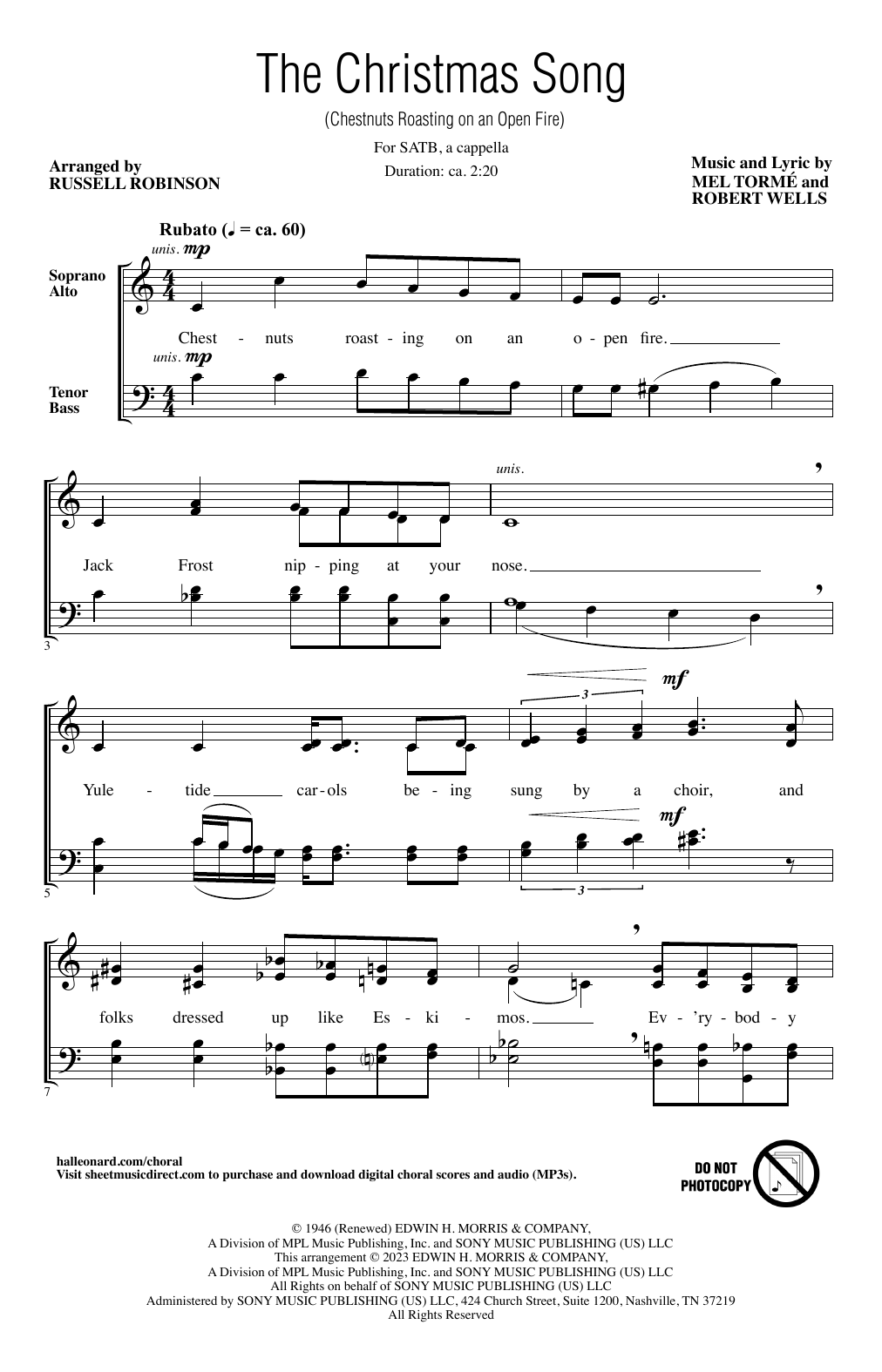 Mel Torme & Robert Wells The Christmas Song (Chestnuts Roasting On An Open Fire) (arr. Russell Robinson) Sheet Music Notes & Chords for SATB Choir - Download or Print PDF