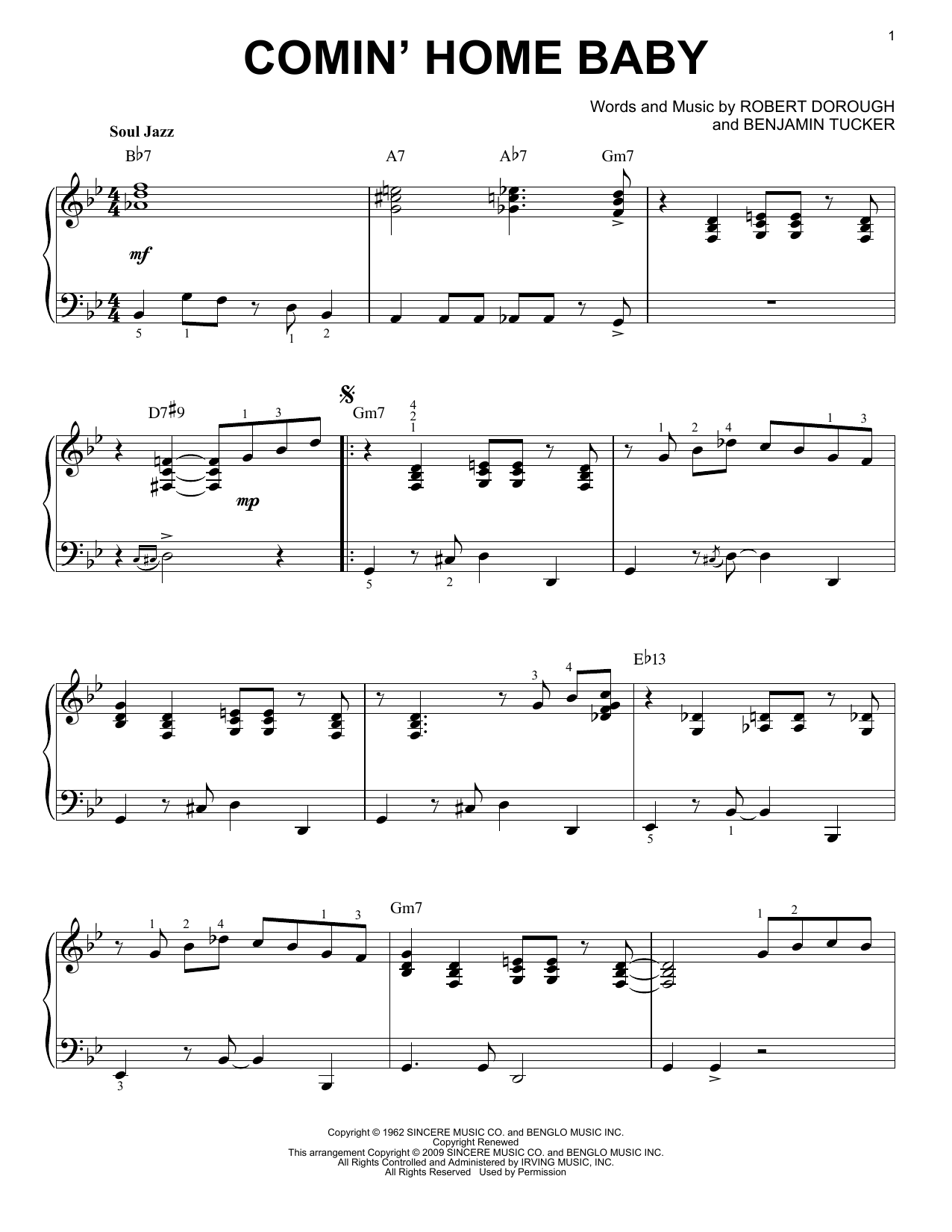 Mel Torme Comin' Home Baby [Jazz version] Sheet Music Notes & Chords for Piano - Download or Print PDF