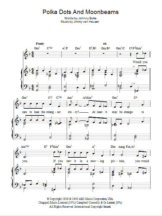 Mel Torme Polka Dots And Moonbeams Sheet Music Notes & Chords for Piano, Vocal & Guitar (Right-Hand Melody) - Download or Print PDF