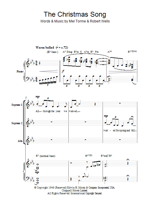 Mel Torme The Christmas Song (Chestnuts Roasting On An Open Fire) (arr. Berty Rice) Sheet Music Notes & Chords for SSA - Download or Print PDF