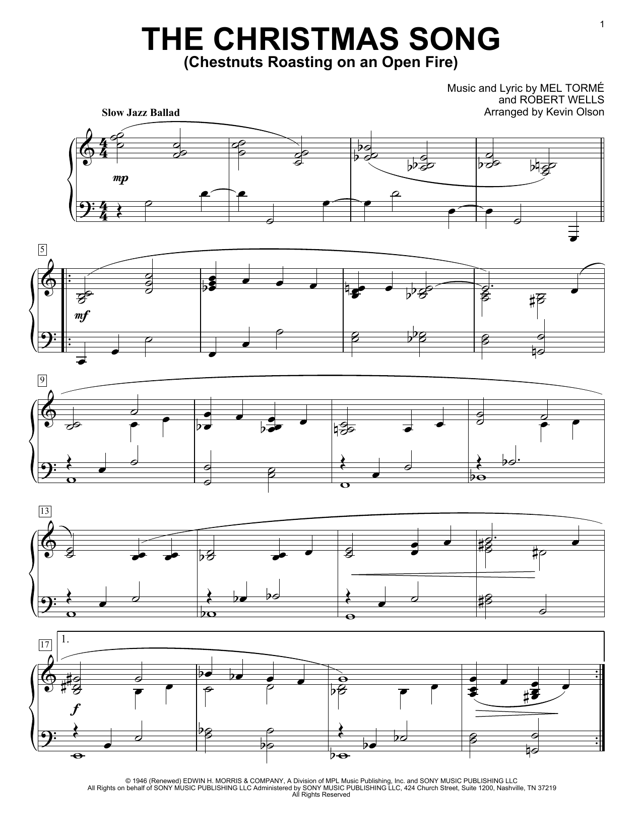 Mel Torme The Christmas Song (Chestnuts Roasting On An Open Fire) (arr. Kevin Olson) Sheet Music Notes & Chords for Easy Piano Solo - Download or Print PDF