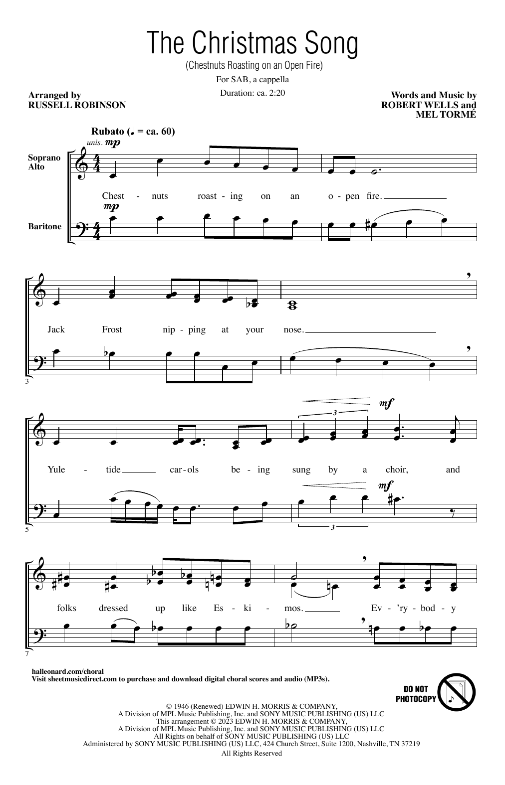 Mel Torme The Christmas Song (Chestnuts Roasting On An Open Fire) (arr. Russell Robinson) Sheet Music Notes & Chords for SAB Choir - Download or Print PDF