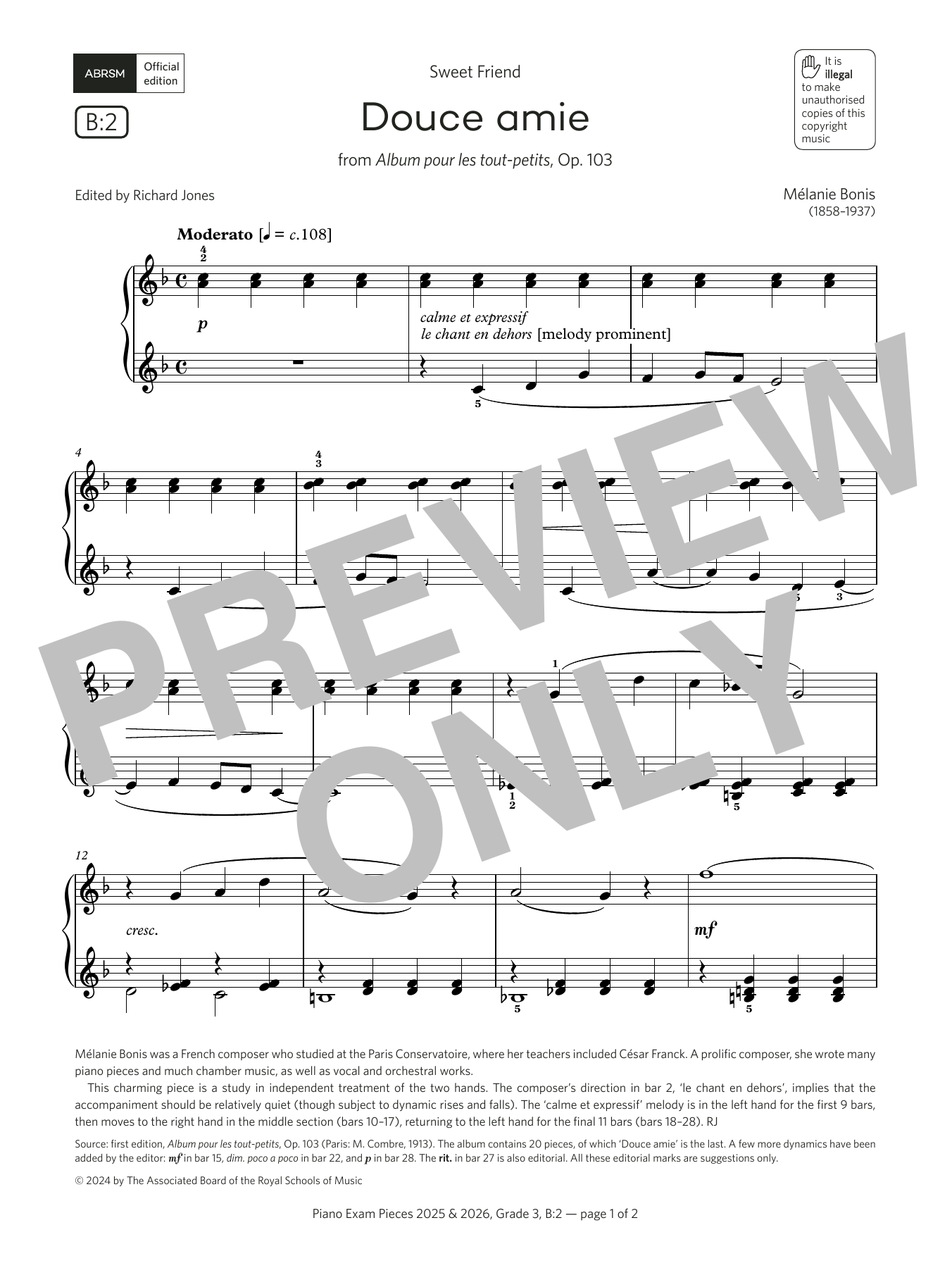 Mélanie Bonis Douce amie (Grade 3, list B2, from the ABRSM Piano Syllabus 2025 & 2026) Sheet Music Notes & Chords for Piano Solo - Download or Print PDF