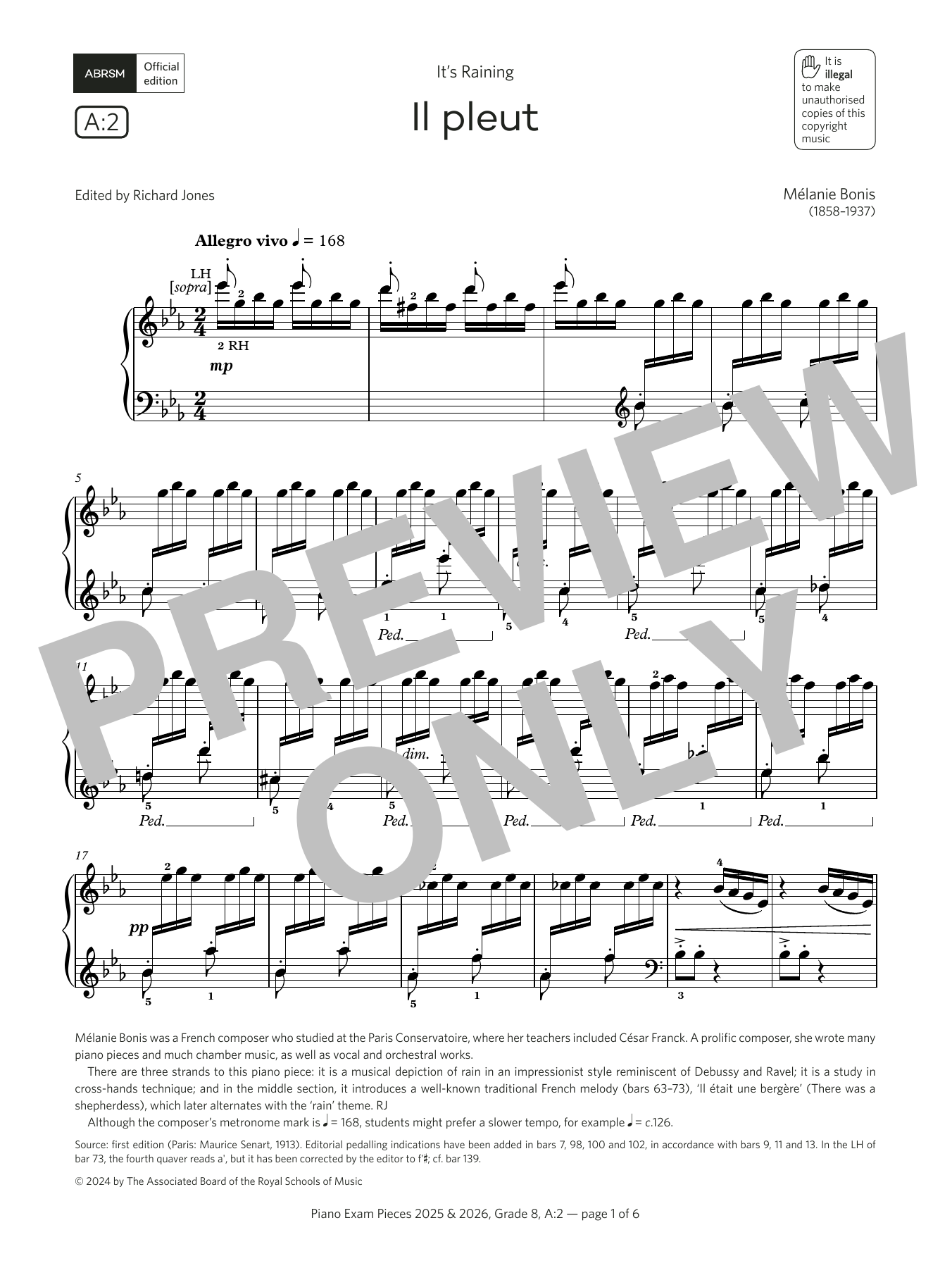 Mélanie Bonis Il pleut (Grade 8, list A2, from the ABRSM Piano Syllabus 2025 & 2026) Sheet Music Notes & Chords for Piano Solo - Download or Print PDF