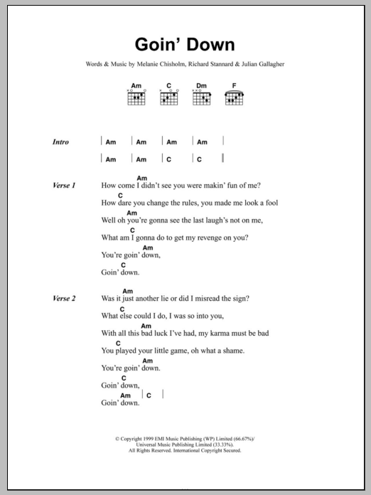 Melanie C Goin' Down Sheet Music Notes & Chords for Lyrics & Chords - Download or Print PDF