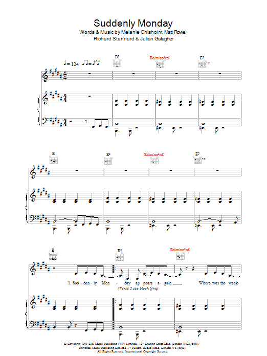 Melanie C Suddenly Monday Sheet Music Notes & Chords for Piano, Vocal & Guitar - Download or Print PDF