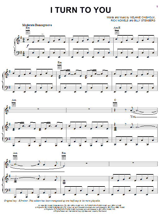 Melanie Chisholm I Turn To You Sheet Music Notes & Chords for Piano, Vocal & Guitar (Right-Hand Melody) - Download or Print PDF