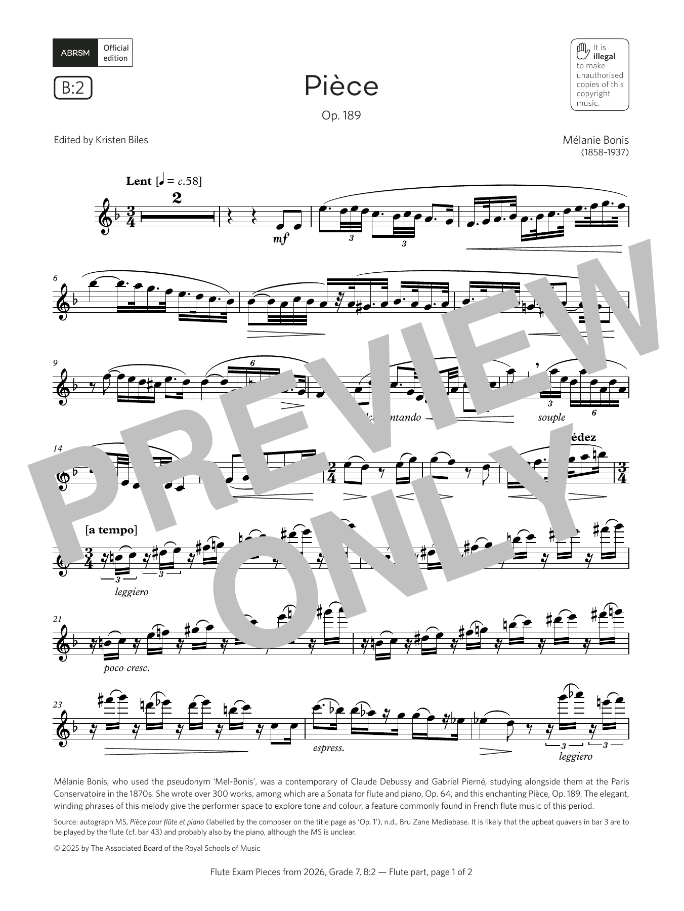 Mélanie Helene Bonis Pièce (Grade 7, list B2, from the ABRSM Flute Syllabus from 2026) Sheet Music Notes & Chords for Flute Solo - Download or Print PDF Mélanie Helene Bonis Pièce (Grade 7, list B2, from the ABRSM Flute Syllabus from 2026) Sheet Music Notes & Chords for Flute Solo - Download or Print PDF