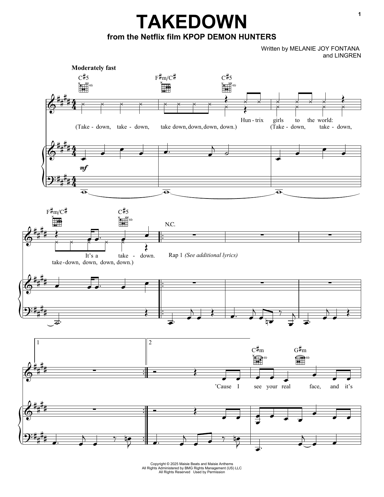 Melanie Joy Fontana Takedown (from KPop Demon Hunters) Sheet Music Notes & Chords for Piano, Vocal & Guitar Chords (Right-Hand Melody) - Download or Print PDF Melanie Joy Fontana Takedown (from KPop Demon Hunters) Sheet Music Notes & Chords for Piano, Vocal & Guitar Chords (Right-Hand Melody) - Download or Print PDF