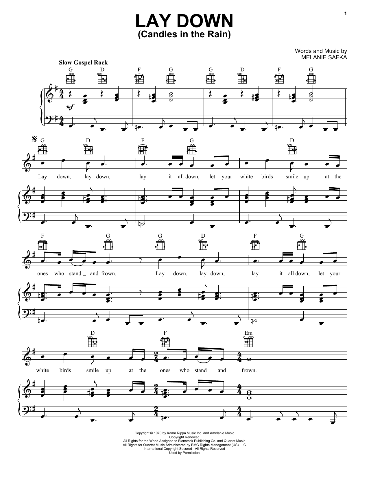Melanie Lay Down (Candles In The Rain) Sheet Music Notes & Chords for Piano, Vocal & Guitar (Right-Hand Melody) - Download or Print PDF