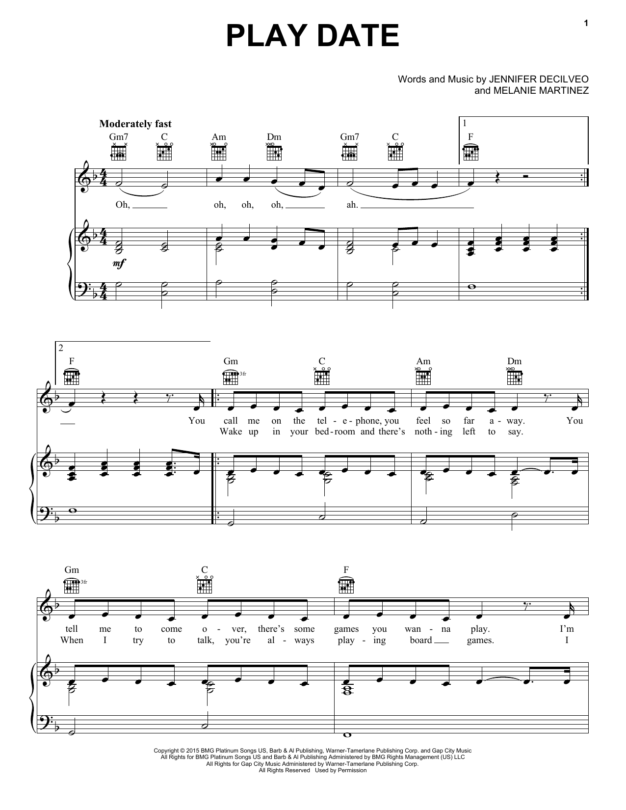 Melanie Martinez Play Date Sheet Music Notes & Chords for Piano, Vocal & Guitar (Right-Hand Melody) - Download or Print PDF