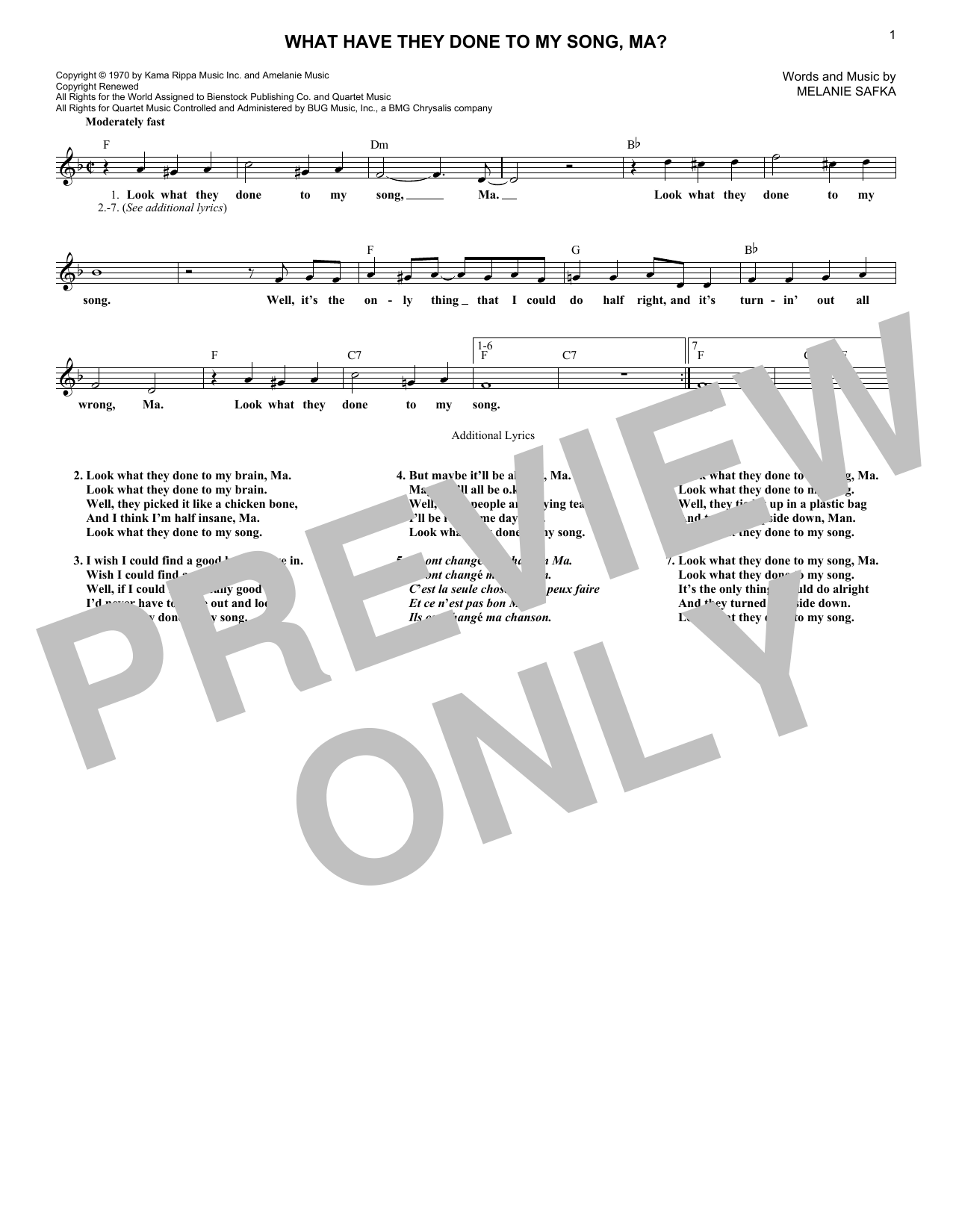 Melanie Safka What Have They Done To My Song, Ma? Sheet Music Notes & Chords for Melody Line, Lyrics & Chords - Download or Print PDF