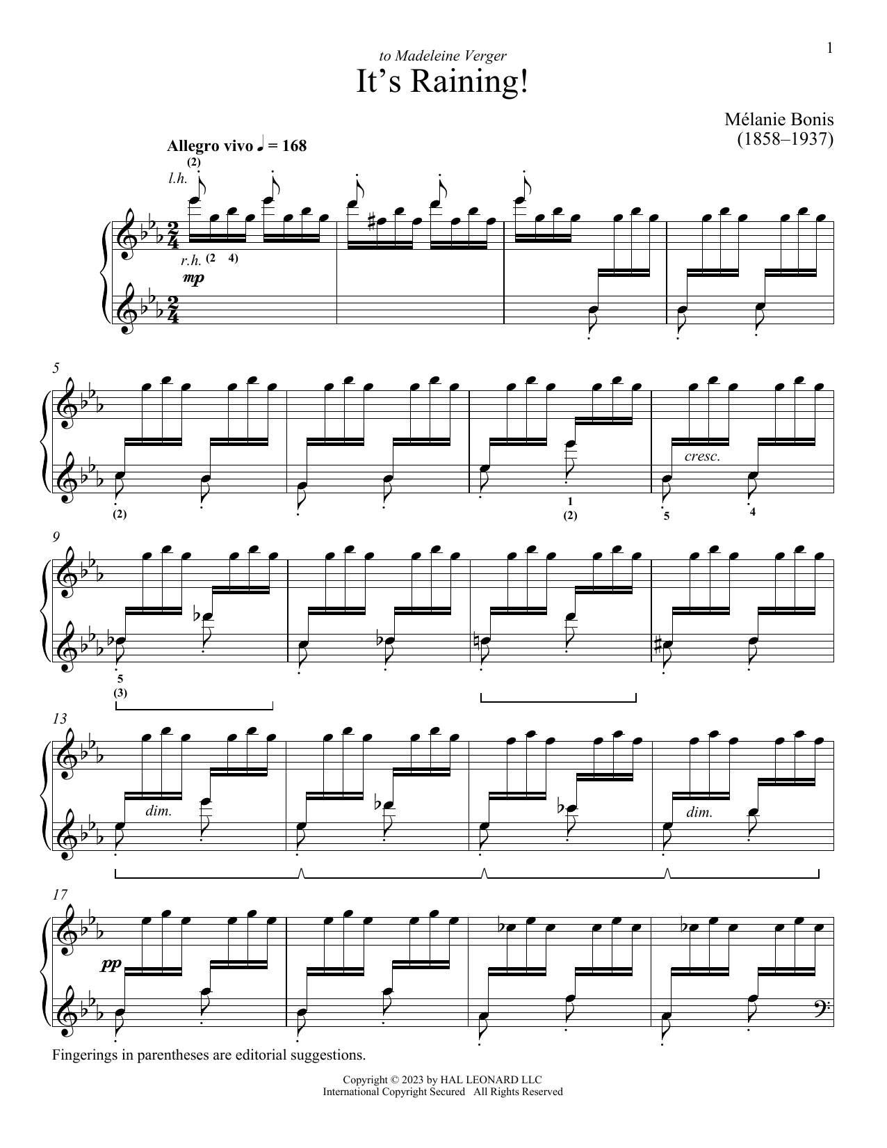 Melanis Bonis It's Raining Sheet Music Notes & Chords for Piano Solo - Download or Print PDF