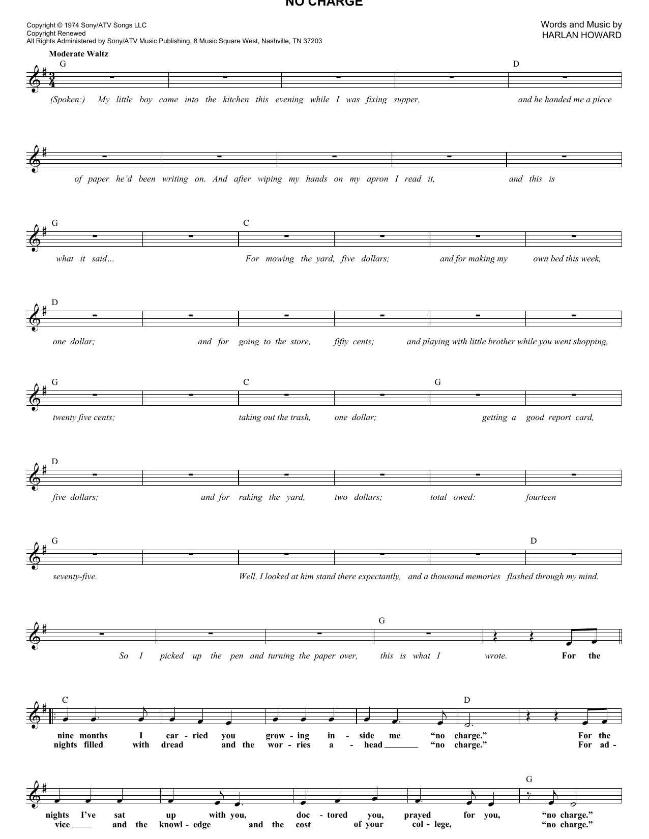 Melba Montgomery No Charge Sheet Music Notes & Chords for Melody Line, Lyrics & Chords - Download or Print PDF