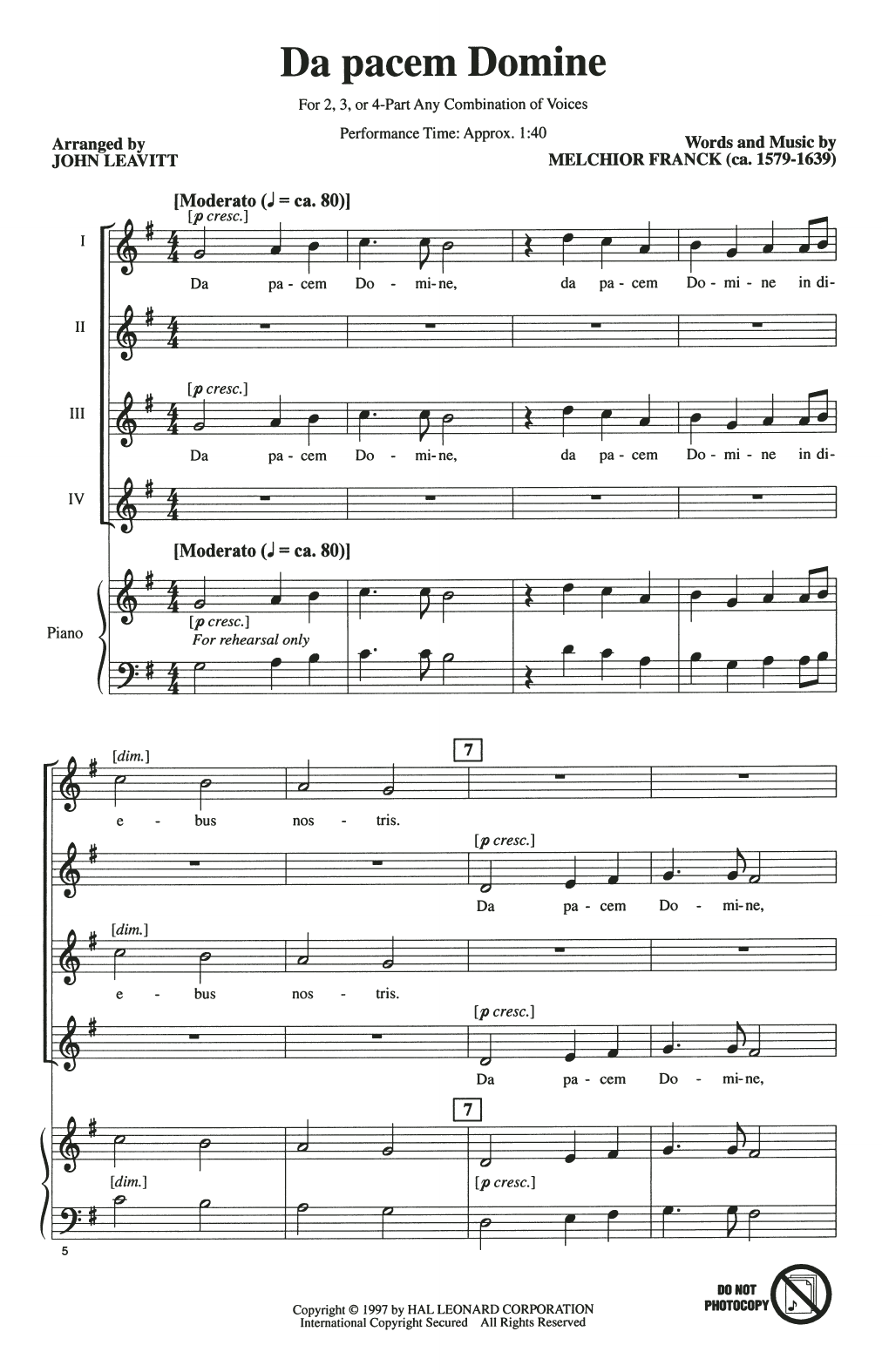 Melchior Franck Da Pacem Domine (arr. John Leavitt) Sheet Music Notes & Chords for 4-Part Choir - Download or Print PDF