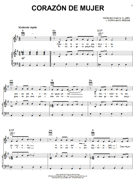 Melina Leon Corazon De Mujer Sheet Music Notes & Chords for Piano, Vocal & Guitar (Right-Hand Melody) - Download or Print PDF