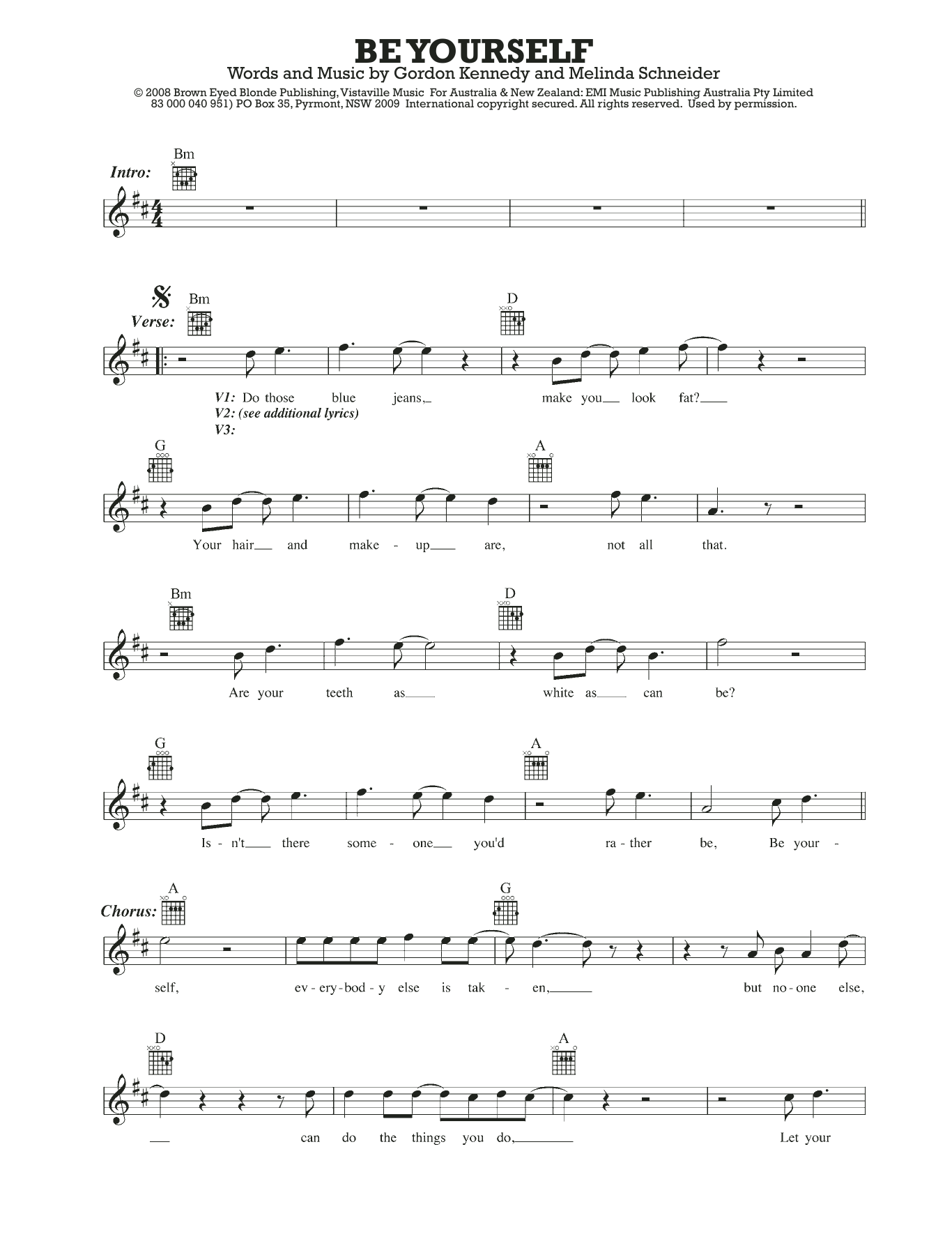 Melinda Schneider Be Yourself Sheet Music Notes & Chords for Melody Line, Lyrics & Chords - Download or Print PDF