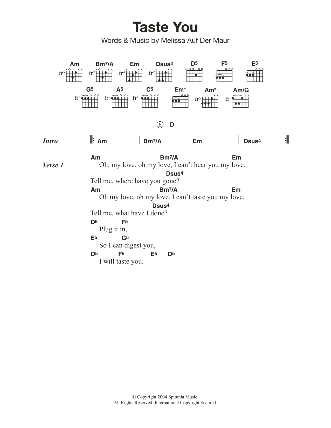 Melissa Auf Der Maur Taste You Sheet Music Notes & Chords for Lyrics & Chords - Download or Print PDF