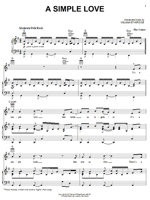 Melissa Etheridge A Simple Love Sheet Music Notes & Chords for Piano, Vocal & Guitar (Right-Hand Melody) - Download or Print PDF Melissa Etheridge A Simple Love Sheet Music Notes & Chords for Piano, Vocal & Guitar (Right-Hand Melody) - Download or Print PDF