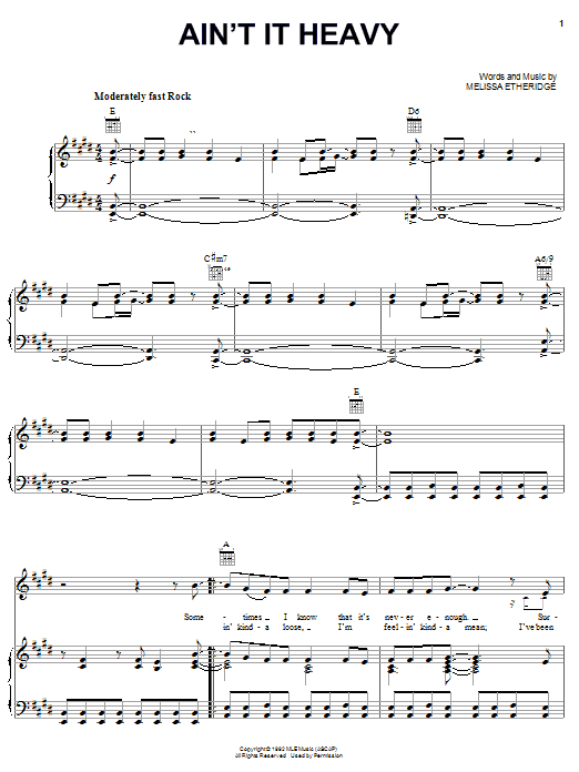 Melissa Etheridge Ain't It Heavy Sheet Music Notes & Chords for Guitar with strumming patterns - Download or Print PDF