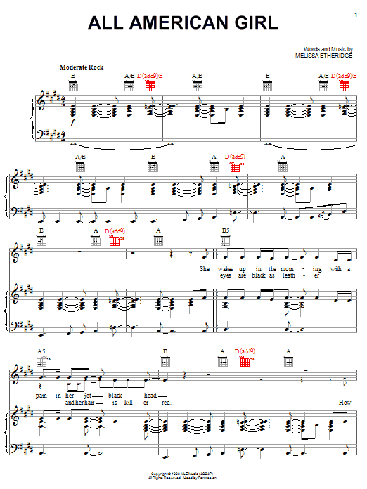 Melissa Etheridge All American Girl Sheet Music Notes & Chords for Guitar with strumming patterns - Download or Print PDF