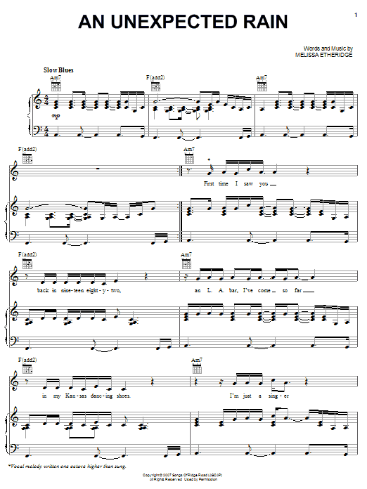 Melissa Etheridge An Unexpected Rain Sheet Music Notes & Chords for Piano, Vocal & Guitar (Right-Hand Melody) - Download or Print PDF