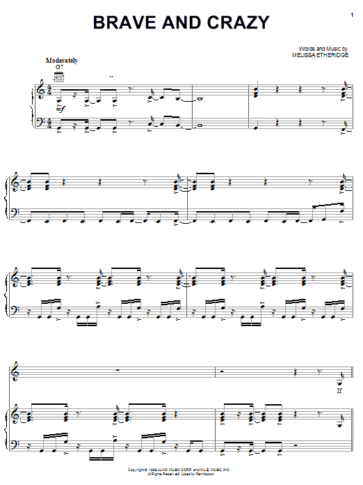 Melissa Etheridge Brave And Crazy Sheet Music Notes & Chords for Piano, Vocal & Guitar (Right-Hand Melody) - Download or Print PDF Melissa Etheridge Brave And Crazy Sheet Music Notes & Chords for Piano, Vocal & Guitar (Right-Hand Melody) - Download or Print PDF