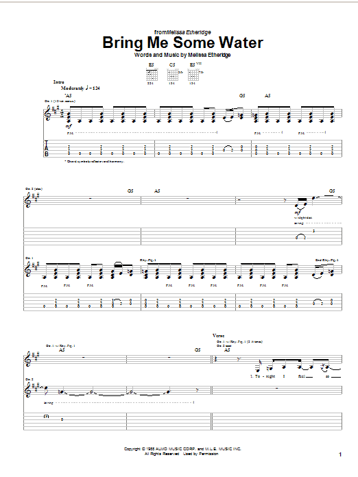 Melissa Etheridge Bring Me Some Water Sheet Music Notes & Chords for Guitar Tab - Download or Print PDF