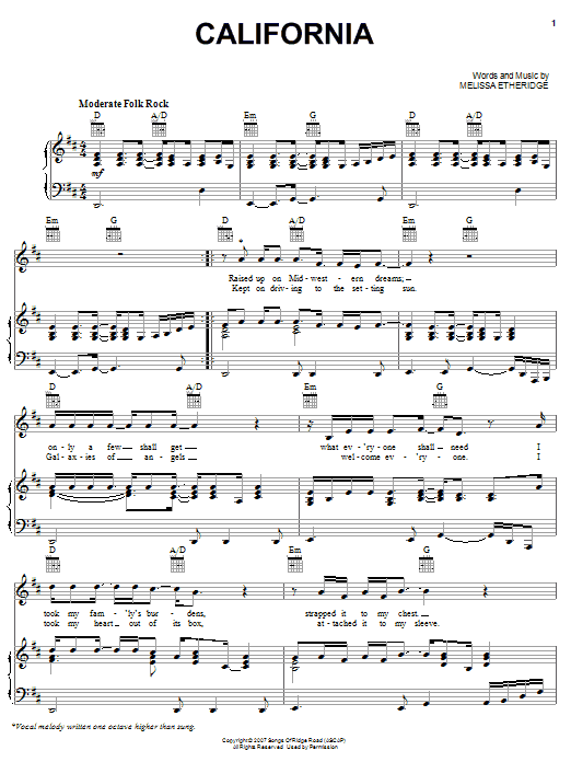 Melissa Etheridge California Sheet Music Notes & Chords for Piano, Vocal & Guitar (Right-Hand Melody) - Download or Print PDF