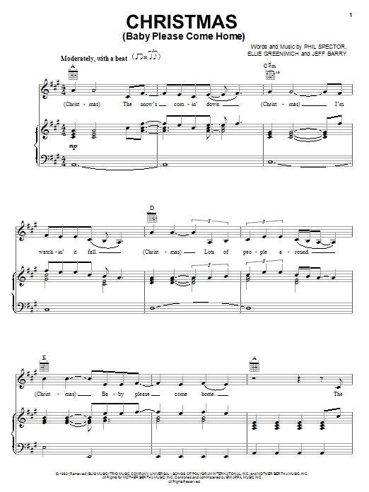 Melissa Etheridge Christmas (Baby Please Come Home) Sheet Music Notes & Chords for Piano, Vocal & Guitar (Right-Hand Melody) - Download or Print PDF