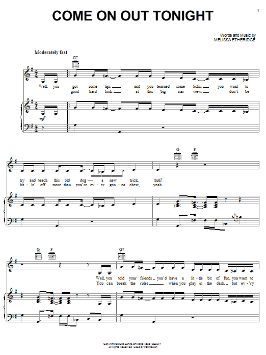Melissa Etheridge Come On Out Tonight Sheet Music Notes & Chords for Piano, Vocal & Guitar (Right-Hand Melody) - Download or Print PDF