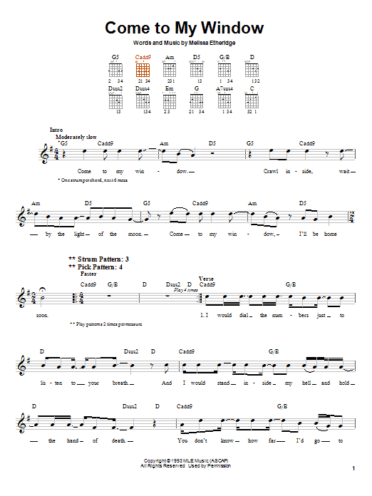 Melissa Etheridge Come To My Window Sheet Music Notes & Chords for Piano, Vocal & Guitar (Right-Hand Melody) - Download or Print PDF