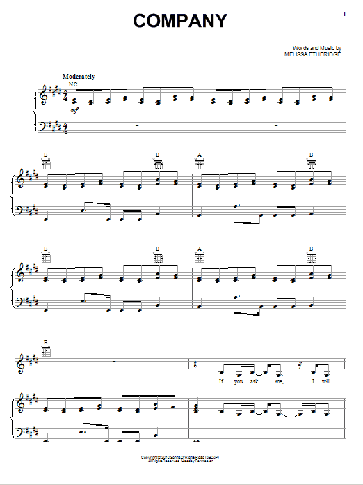 Melissa Etheridge Company Sheet Music Notes & Chords for Piano, Vocal & Guitar (Right-Hand Melody) - Download or Print PDF