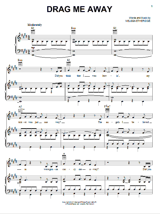 Melissa Etheridge Drag Me Away Sheet Music Notes & Chords for Piano, Vocal & Guitar (Right-Hand Melody) - Download or Print PDF