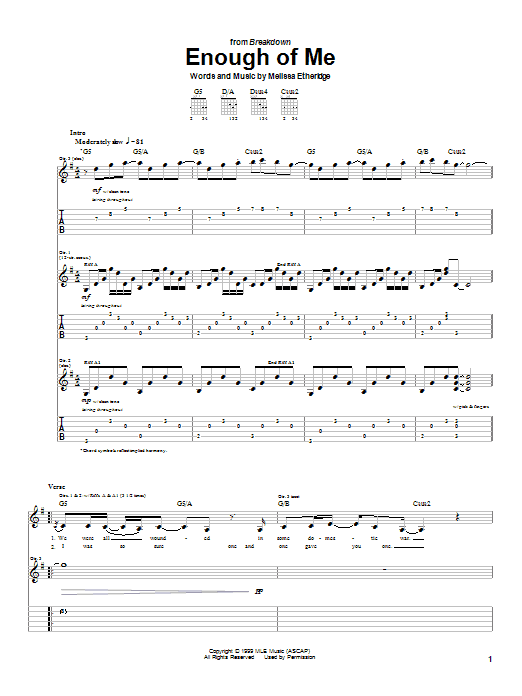 Melissa Etheridge Enough Of Me Sheet Music Notes & Chords for Guitar Tab - Download or Print PDF