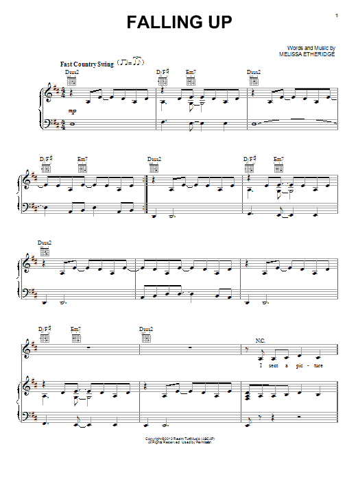 Melissa Etheridge Falling Up Sheet Music Notes & Chords for Piano, Vocal & Guitar (Right-Hand Melody) - Download or Print PDF