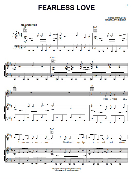 Melissa Etheridge Fearless Love Sheet Music Notes & Chords for Piano, Vocal & Guitar (Right-Hand Melody) - Download or Print PDF